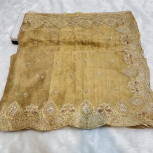 Golden Net Tissue Saree with Zardozi Work & Raw Silk Blouse