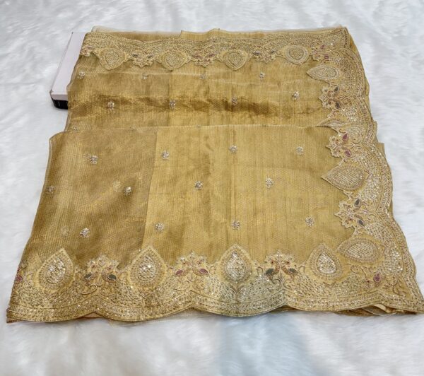 Golden Net Tissue Saree with Zardozi Work & Raw Silk Blouse
