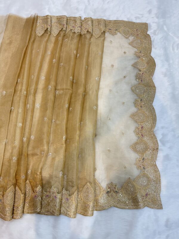 Golden Net Tissue Saree with Zardozi Work & Raw Silk Blouse - Image 2