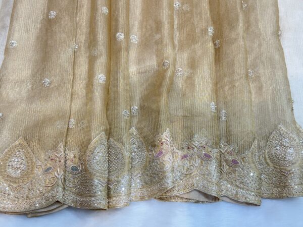 Golden Net Tissue Saree with Zardozi Work & Raw Silk Blouse - Image 3